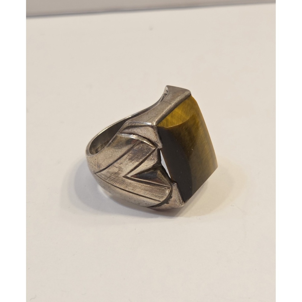 Large Art Deco Men's Sterling Silver & Tigers Eye Statement Ring Size 12